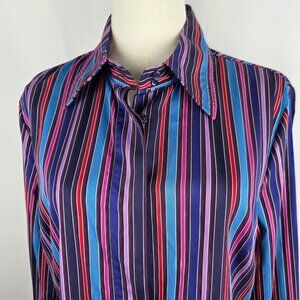 Faconnable Womens ButtonUp Shirt Sz 42 Medium Striped Multi Colorful Silky Retro